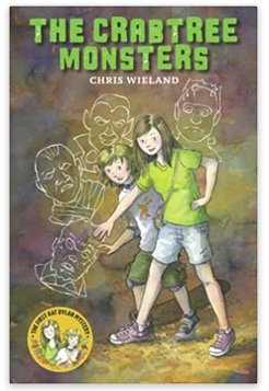 Book Cover: a middle school girl in green shirt stands holding her arm out protectively in front of her younger brother. Fall leaves background. Green title: 